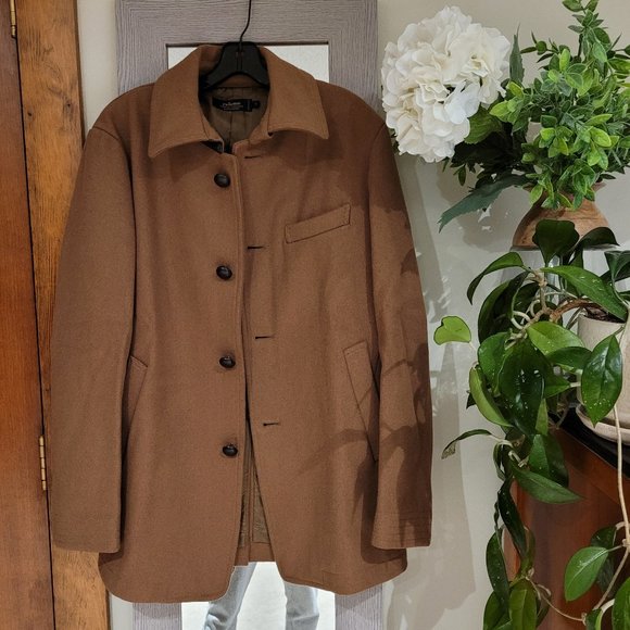 EUC Journal Standard Japan Women's Tan Wool Coat Sheep Skin Chin Strap Brown XL - Picture 1 of 5